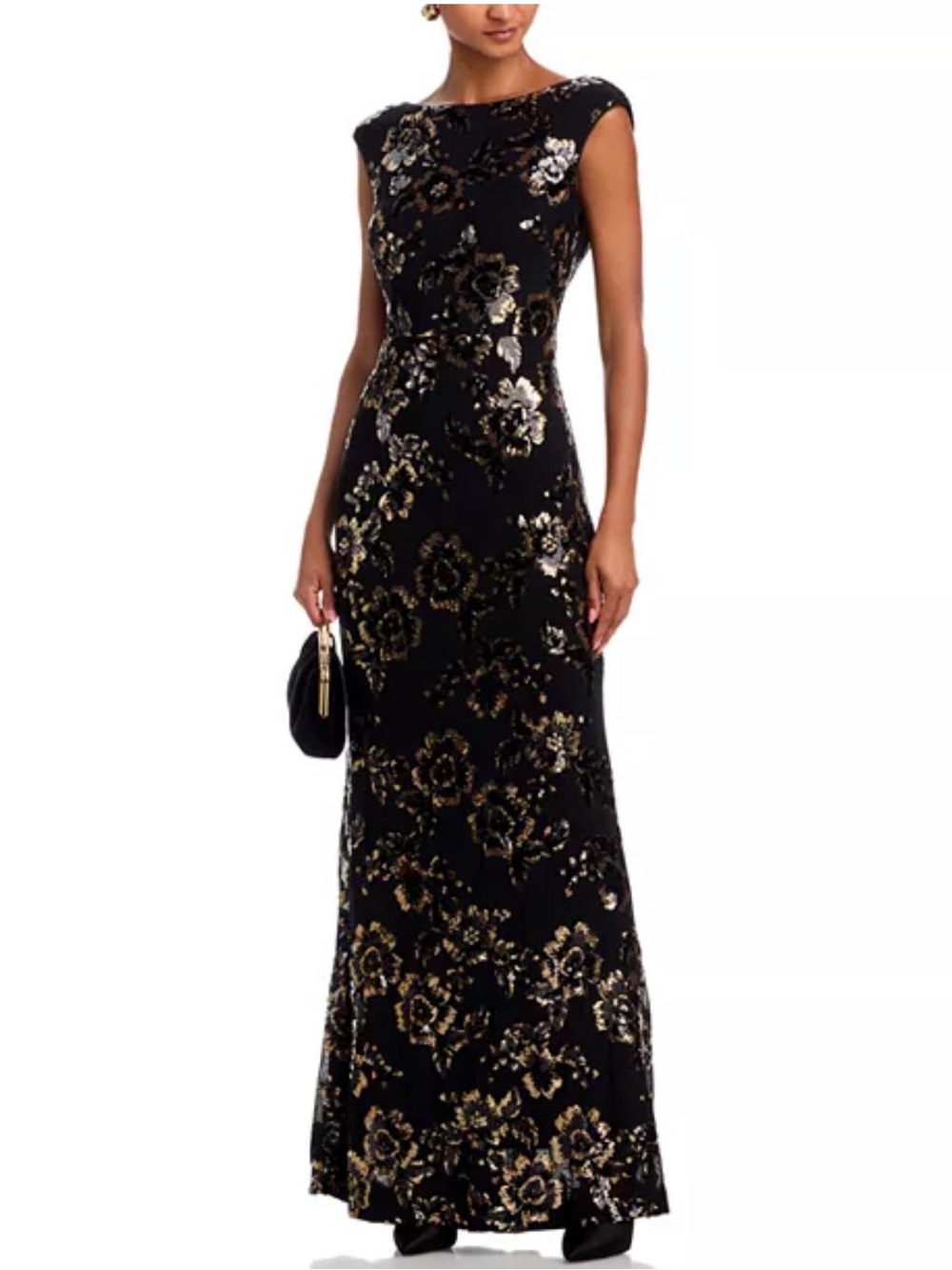 NWOT Eliza J Black Floral Sequin Cap Sleeve Gown, Size 6